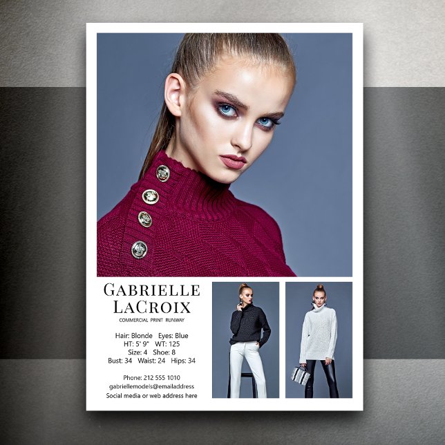 Modell Actor 3 Photo Comp Card mall 5x7 vit (Available in print or instant digital download for quick messaging, email or self printing.)
