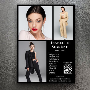 Modell Actor 3 Photo Comp Card-mall, svart QR Inbjudningar