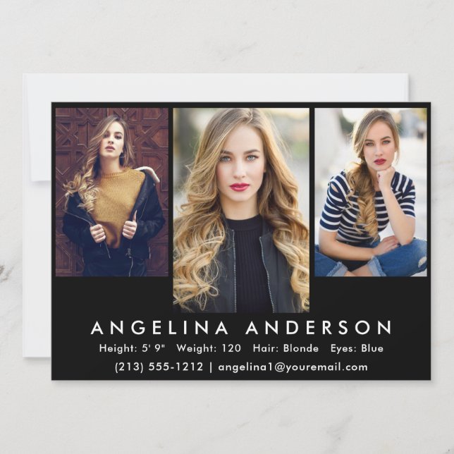 Modell Actor 3 Photo Comp Card | Svarta fronten Inbjudningar (Framsida)