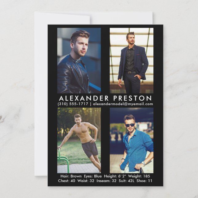 Modell Actor 4 Photo Comp Card 5x7 svart Inbjudningar (Framsida)