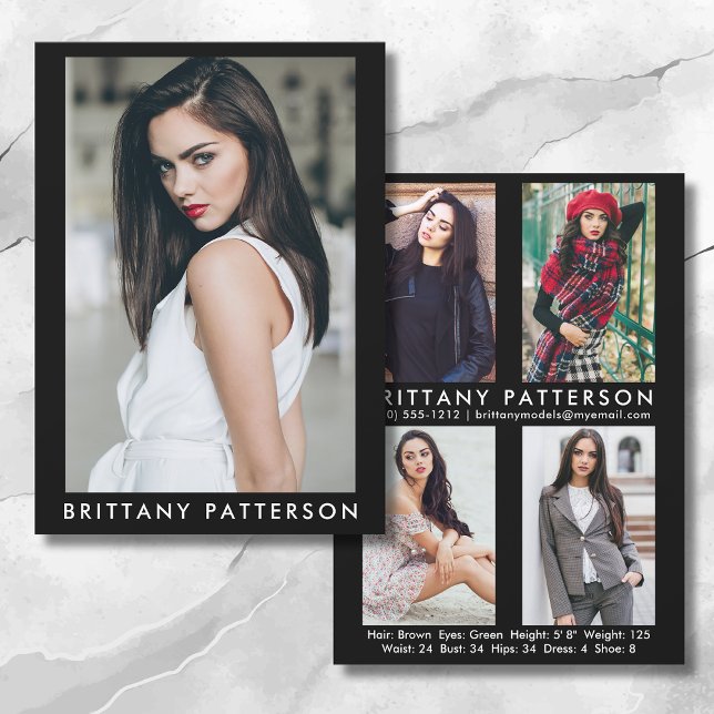 Modell Actor 5x7 Comp Card 4 Photo Back Blk Inbjudningar (Available in high quality print or digital download for quick messaging, email or self printing.)