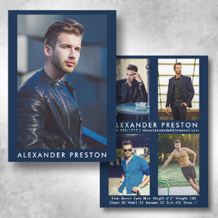 Modell Actor 5x7 Comp Card 4 Photo Back Blue Inbjudningar