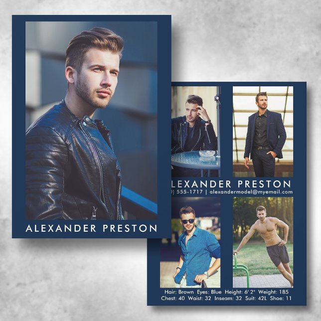 Modell Actor 5x7 Comp Card 4 Photo Back Blue Inbjudningar (Available in high quality print or digital download for quick messaging, email or self printing.)