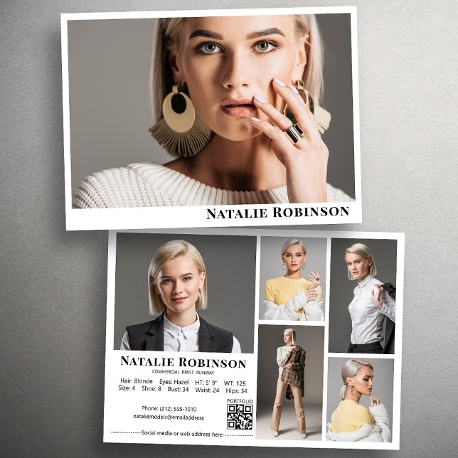 Modell Actor 6 Photo Comp Card-mall med QR Inbjudningar (Available in high quality print or digital download for quick messaging, email or self printing.)