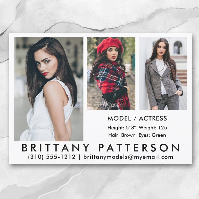 Modell Actor Comp Card 3 Photo 5x7 Wht Inbjudningar (Available in high quality print or digital download for quick messaging, email or self printing.)