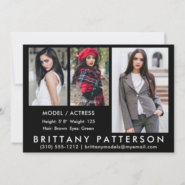 Modell Actor Comp Card 3 Photo Black 5x7 Inbjudningar (Framsida)
