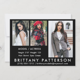 Modell Actor Comp Card 3 Photo Black 5x7 Inbjudningar