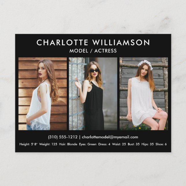 Modell Actor Comp Card 3, svart fotovykort Vykort (Framsida)