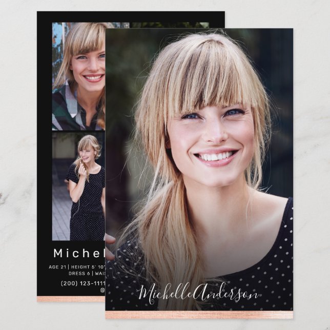 Modell Actor Comp Card 4, fotobakgrundsskript (Fram/baksida)