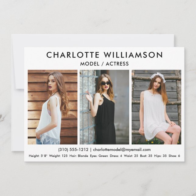 Modell Actor Comp Card 5x7 Vitt 3-foto Inbjudningar (Framsida)