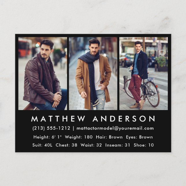 Modell Actor Photo Comp Card - vykort, svart Vykort (Framsida)