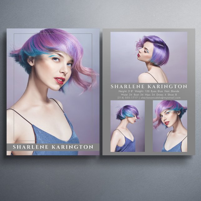 Modell Actor Pro Comp Card 4 Photo 2 Sied Grått Inbjudningar (Available in high quality print or digital download for quick messaging, email or self printing.)