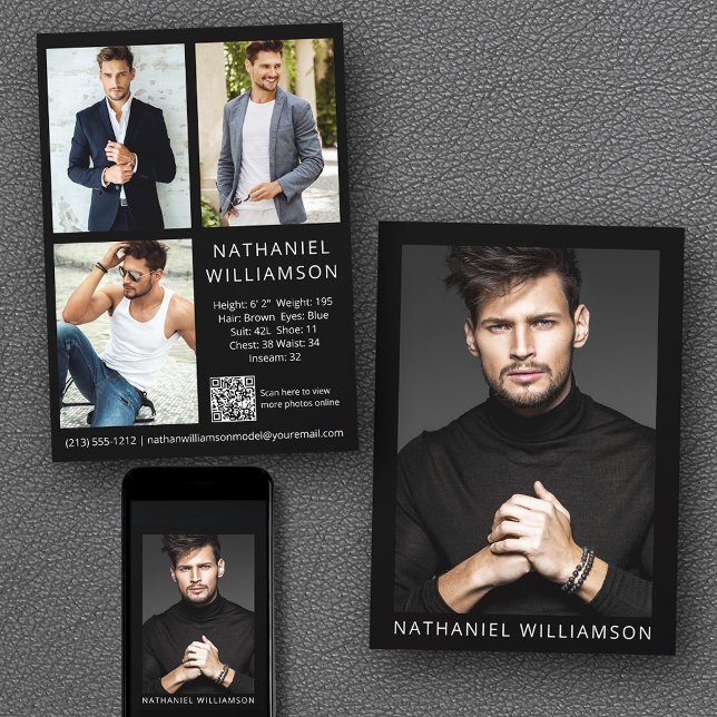 Modell Actor QR-kod 4 Photos Pro Comp Card Inbjudningar (Customize to change background color, text size or text style. Available for prints and download.)