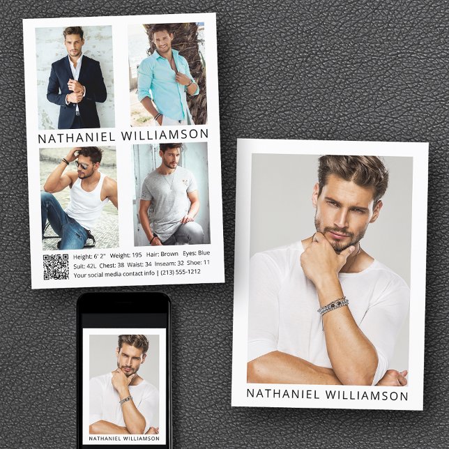 Modell Actor QR-kod 5 Photo Pro Comp Card Inbjudningar (Customize to change background color, text size or text style. Available for prints and download.)