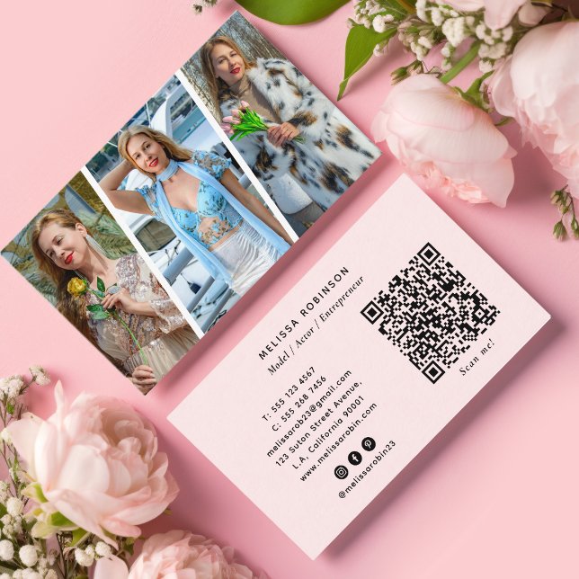 Modell Sociala Media, QR-kod & 3 Foto Collage Rosa Visitkort (Skapare uppladdad)
