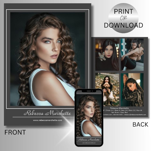 Modellering Fotokort Utskrift Nedladdning | 5 Bild Meddelande (Customize this double-sided model comp card with your name, stats, contact info, and five photos)