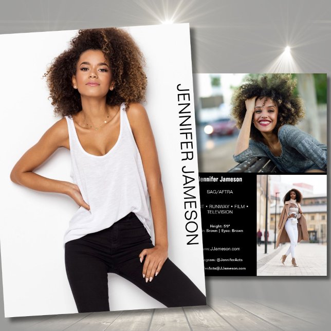 Modellmedarbetarkompositionskort | 3 Foton Inbjudningar (Actor promo cards for casting calls and auditions, commercial castings, flip card for models actors)