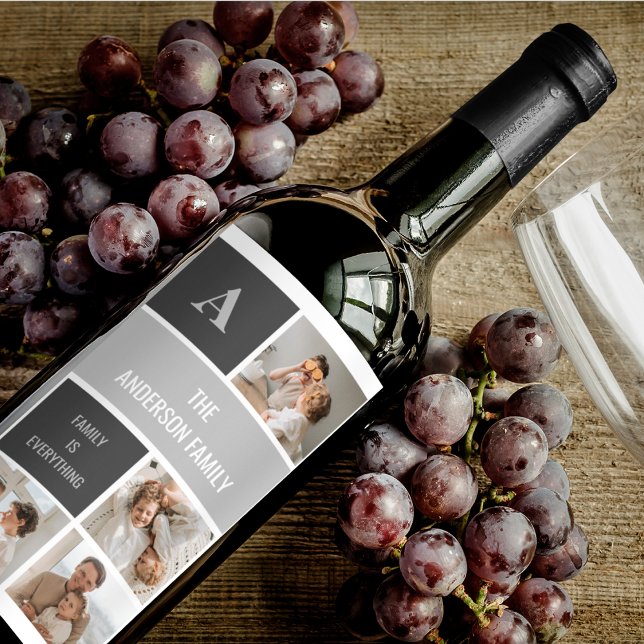 Moden 3Collage Photo & Grått Best Family Gift Vinflaska Etikett (Skapare uppladdad)