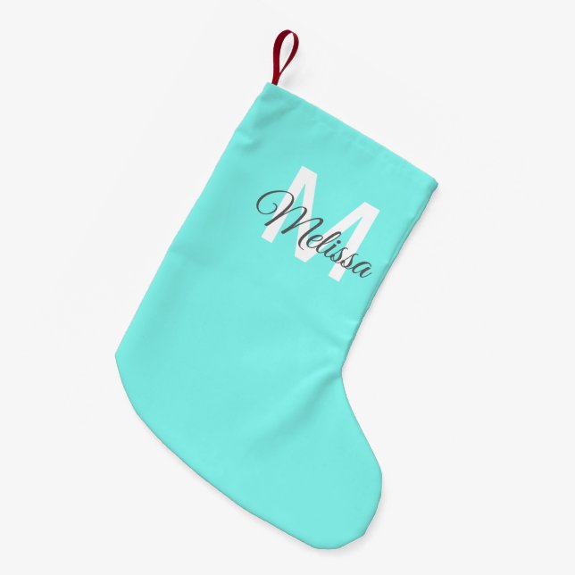 moder chic minimalist monogram turkos aqua blue liten julstrumpa (Framsidan (Hängande))