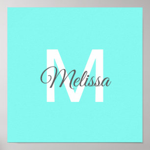 moder chic minimalist monogram turkos aqua blue poster