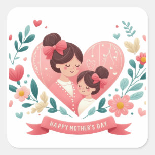 Moder & Dotter Blommigt Hjärta- Glad mors dag Fyrkantigt Klistermärke