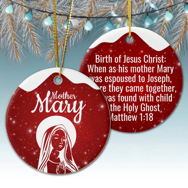 Moder Maria Matteus 1:18 Helig Ande Passage  ⛪️ 🎄 Julgransprydnad Keramik (Customizable Mother Mary, Religious Holiday Ceramic Ornament snow capped red Christmas Ornament ✞)