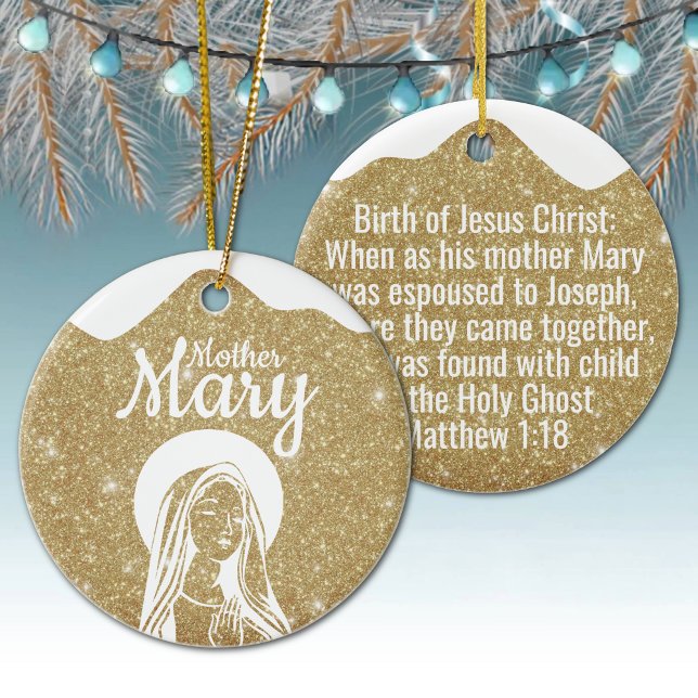 Moder Maria Matteus 1:18 Helig Ande Passage  ⛪️ 🎄 Julgransprydnad Keramik (Customizable Mother Mary, Religious Holiday Ceramic Ornament snow capped gold Christmas Ornament ✞)