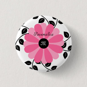 Moderiktig Monogrammed rosa och svart blomma med Knapp