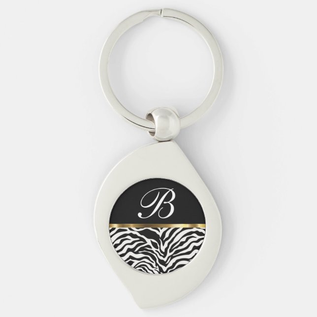 Moderiktig sebra Keychains för Monogram Swirl Silverfärgad Nyckelring (Framsidan)