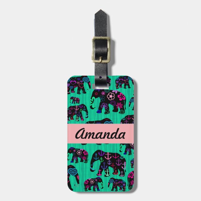 Moderiktiga elefantblommor ankrar hjärtamonogramen bagagebricka (Vertikal Framsida)