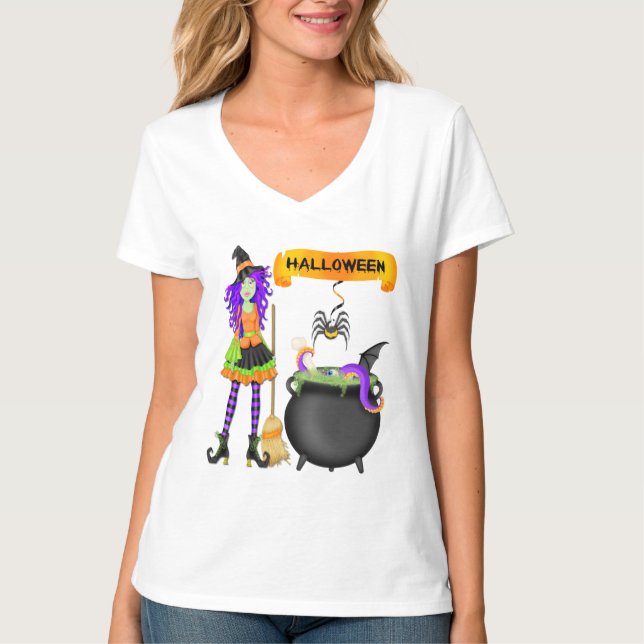 Moderiktiga kvinna för Halloween häxakittel Tee (Framsida)