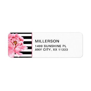 Moderiktiga rosa pioner + svart vitrandadress returadress etikett