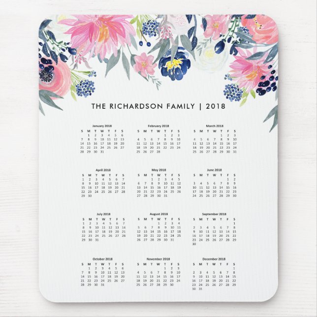 Moderiktiga rosor och marinblå kalender 2018 för musmatta (Framsidan)
