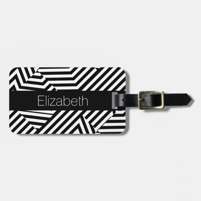 Moderiktiga svartvita geometriska randar med namn bagagebricka (Horisontell Framsida)