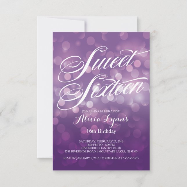 Moderiktigt purpurfärgat party för Bokeh ljussweet Inbjudningar (Framsida)