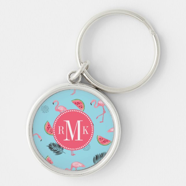 Moderiktigt tropiskt flamingo- & rund silverfärgad nyckelring (Framsidan)