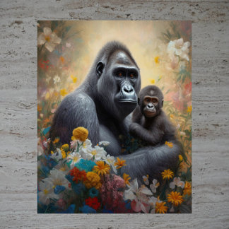 Moderlig kärlek - Vattenfärg AI-bild av gorilla-ma Poster