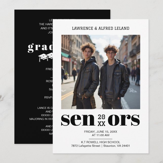 Moderm Tvillingar Sibling Seniors Examen TMF26 Inbjudningar (Fram/baksida)