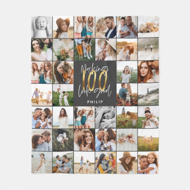 Modern 100-årsdagars multifotoskriptgåva fleecefilt (Framsidan)