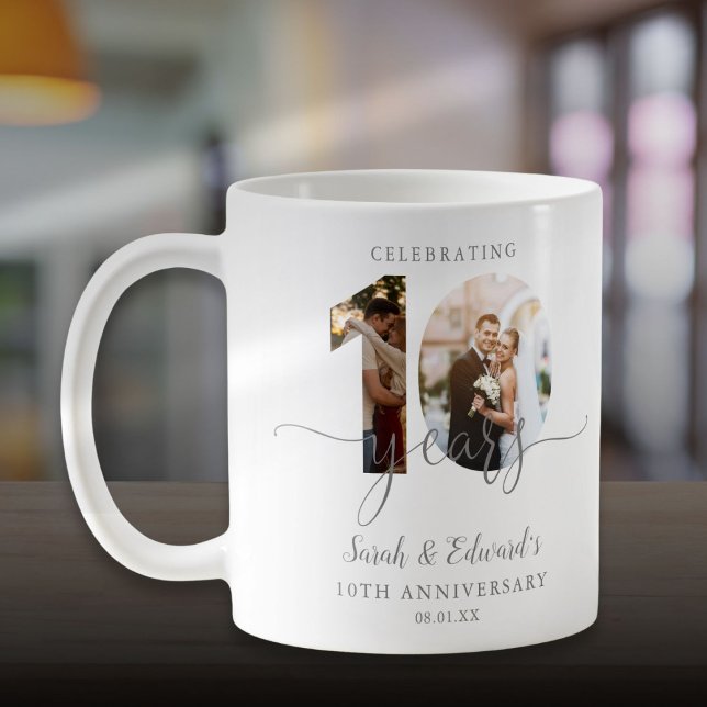Modern 10-årsjubileum för bröllop 2 bilder kaffemugg (Modern 10th Wedding Anniversary 2 Photo Coffee Mug)