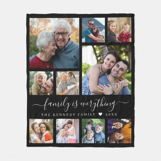 Modern 10 Photo Collage Family Name Quote Black Fleecefilt (Framsidan)