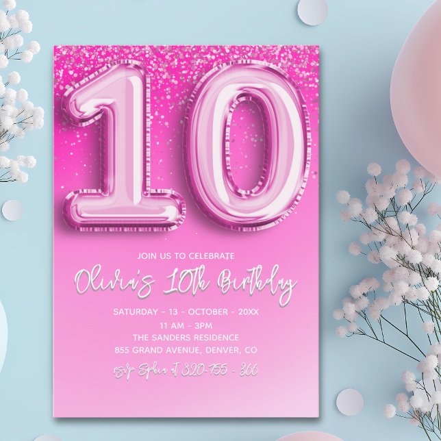Modern 10th Birthday Girl with Pink Number Balloon Inbjudningar (Skapare uppladdad)
