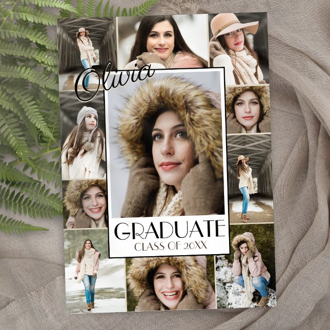 Modern 11 meddelande om fotokollage Studenten Inbjudningar (modern elegant trendy senior photo collage graduation announcement invitations with script)