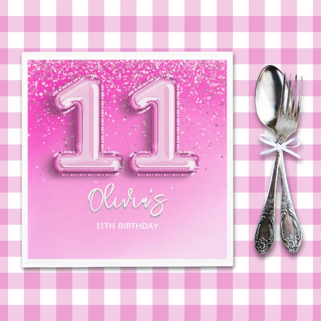 Modern 11th Birthday Girl Pink Number Balloon Pappersservett (Skapare uppladdad)