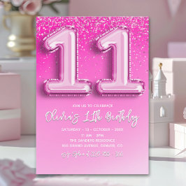 Modern 11th Birthday Girl with Pink Number Balloon Inbjudningar