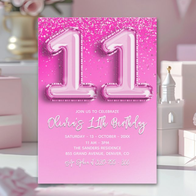 Modern 11th Birthday Girl with Pink Number Balloon Inbjudningar (Skapare uppladdad)