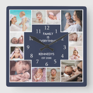 Modern 12-fotokollage-familjens offertblått fyrkantig klocka