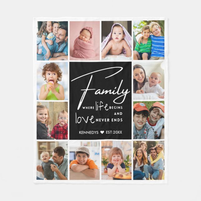Modern 12 Fotos Kollage Familjenamn Citat     Fleecefilt (Framsidan)