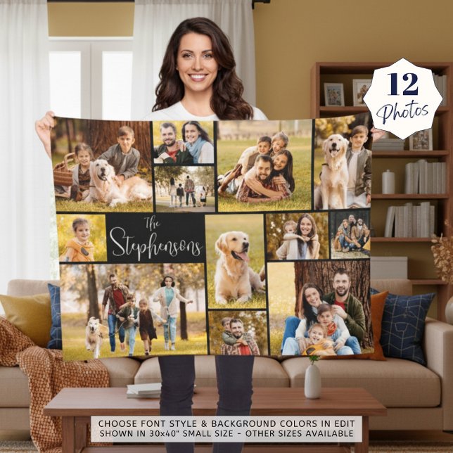 Modern 12 Photo Collage Script Family Namn Fleecefilt (Skapare uppladdad)