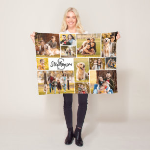 Modern 12 Photo Collage Script Namn Monogram Fleecefilt